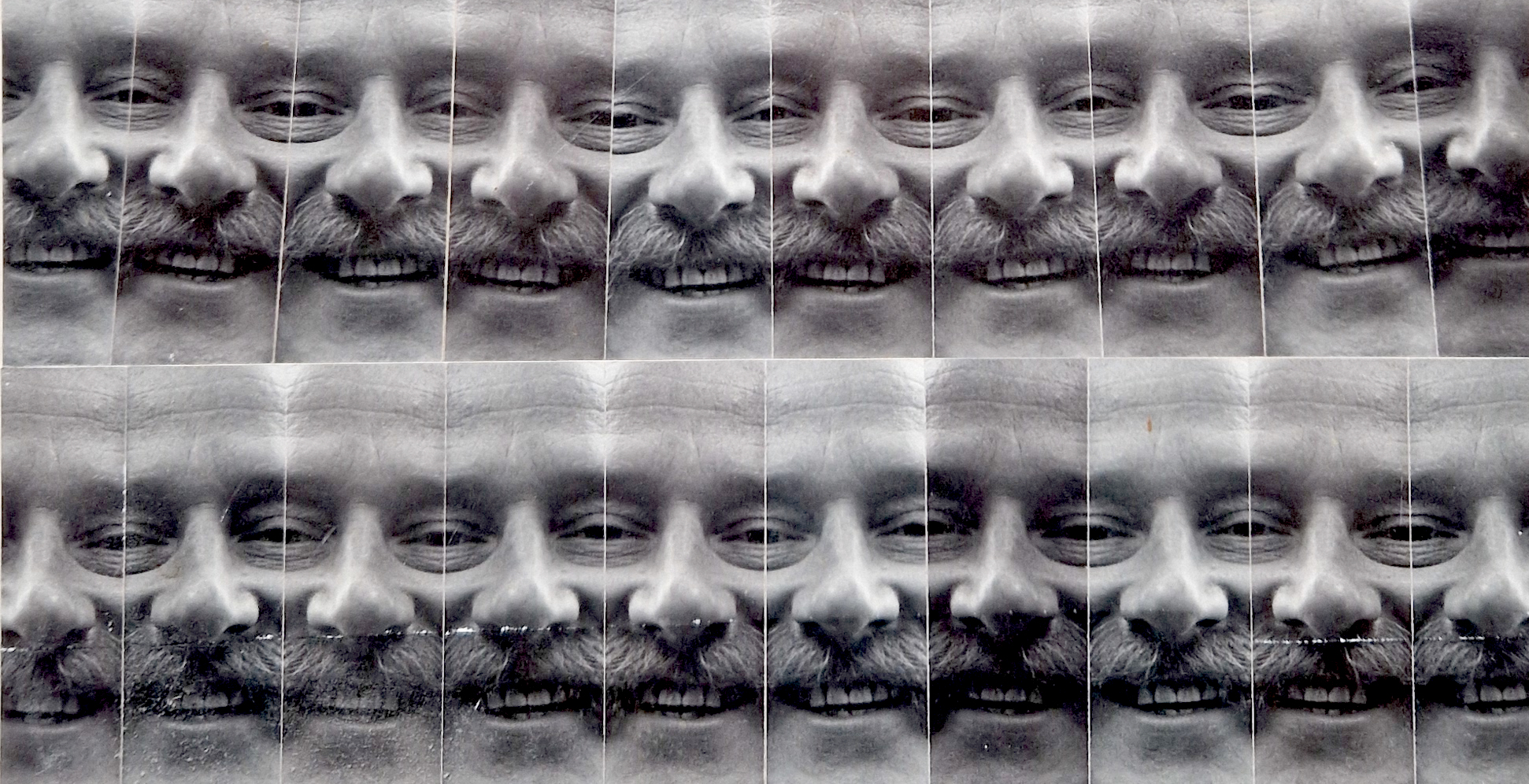 Ihmisen kasvot toistuvat kollaasikuvassa.