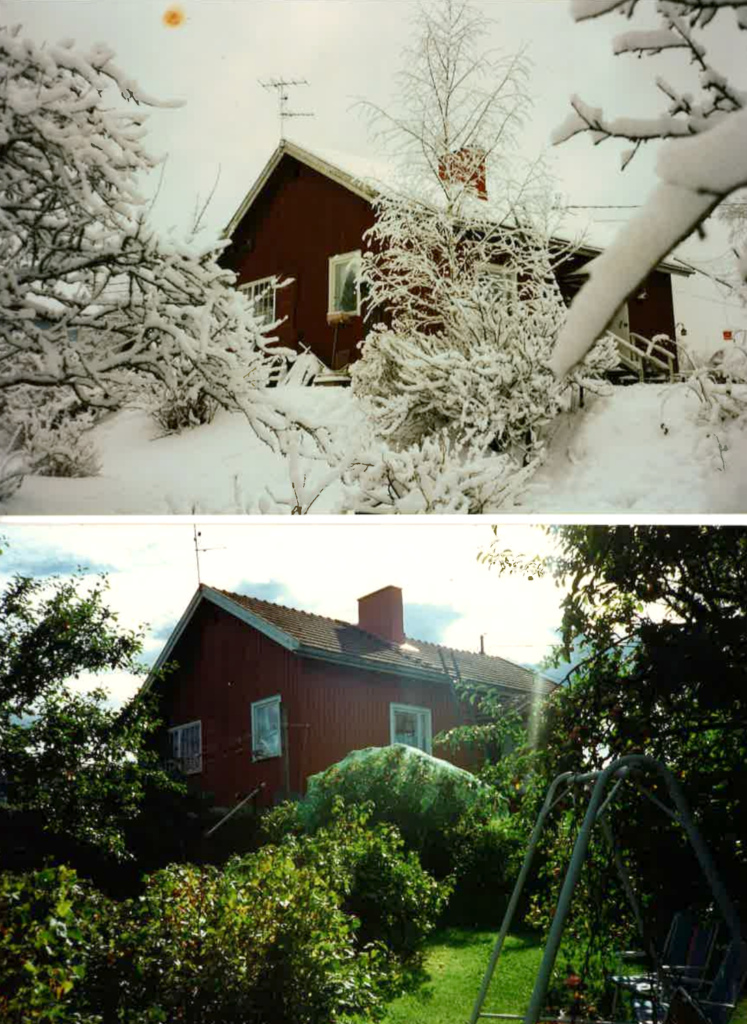 Omakotitalo talvella ja kesällä.