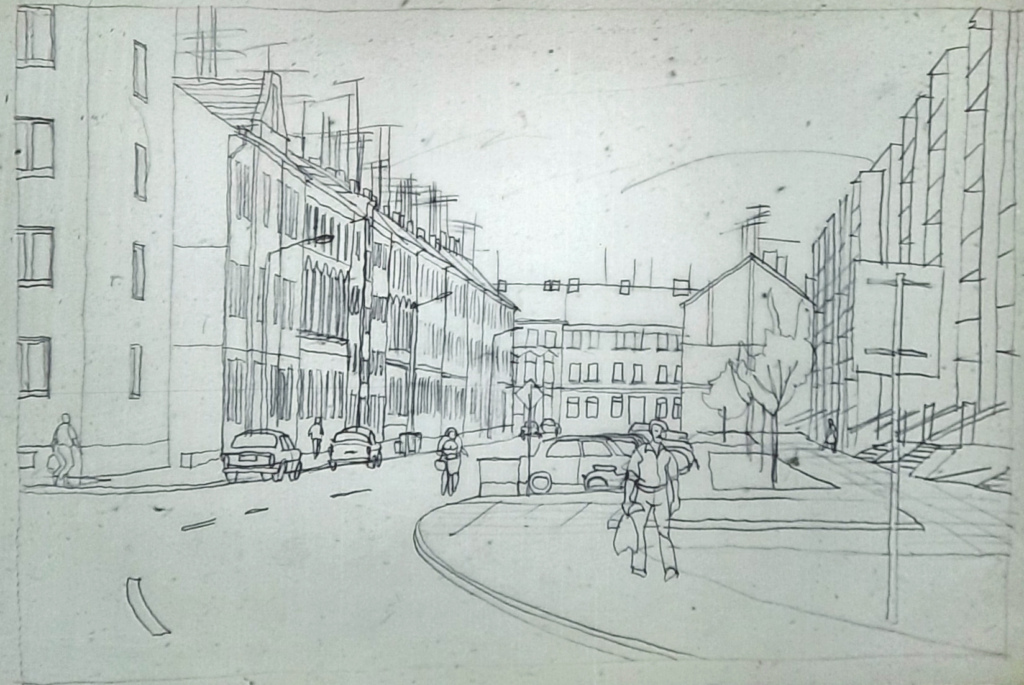 Piirroksessa katunäkymä Dessaun kaupungista.