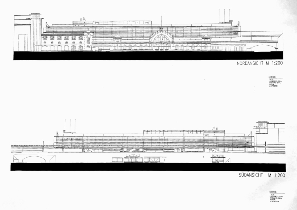 Piirroksissa aseman julkisivuja.