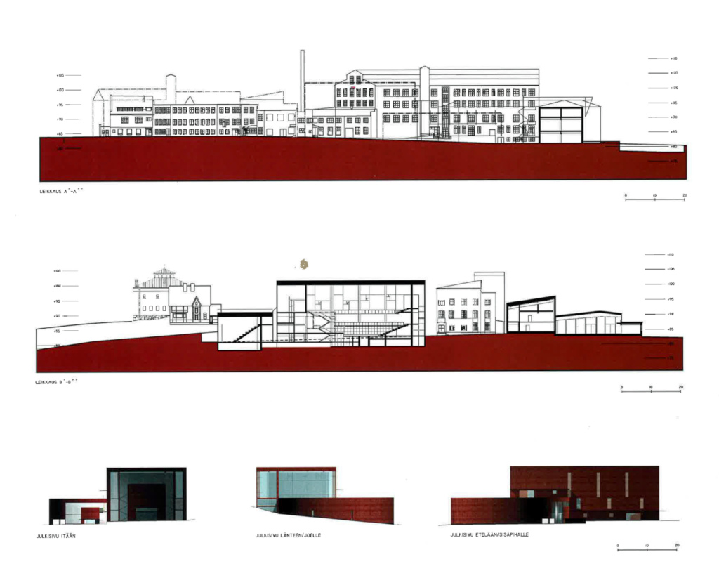 Julkisivu, leikkays ja yksityiskohtia.