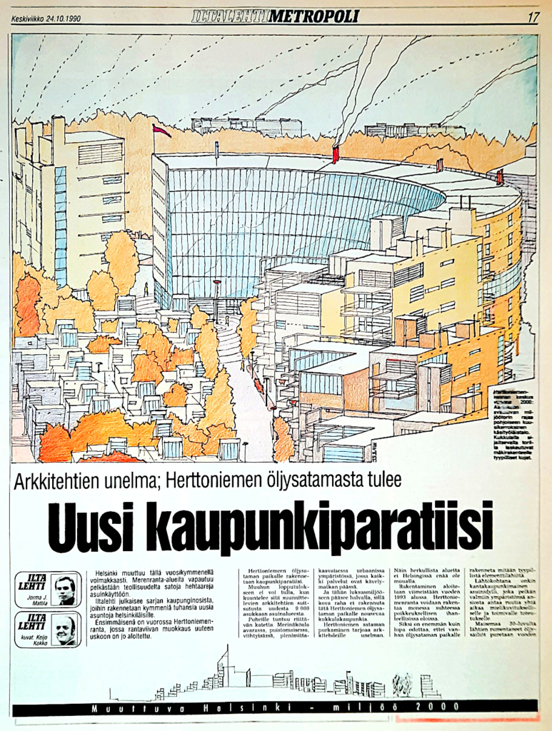 Lehtiartikkeli, kuvituksena piirros arkkitehtien suunnitelmasta.