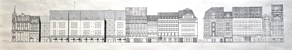 Piirroksessa taloja Leipzigin keskustassa.