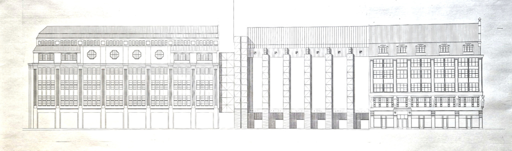 Piirroksessa taloja Leipzigin keskustassa.