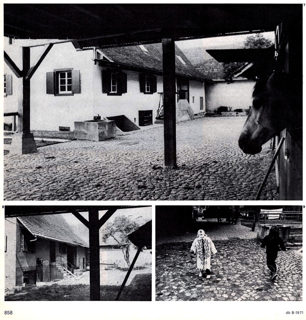 Maatilan suljettu pihapiiri ennen ja jälkeen remontin. Hevonen katsoo tallista.