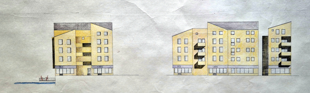 Kerrostalojen julkisivupiirros.