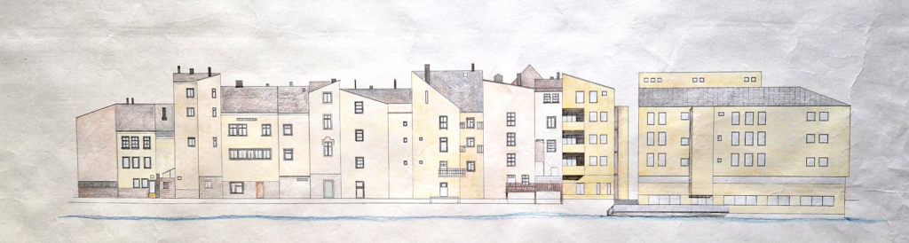 Kerrostalojen julkisivupiirros.