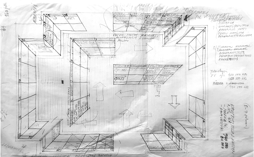 Piirros näyttelyn esillepanosta.