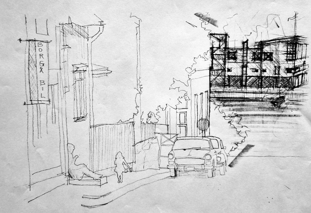 Piirros katunäkymästä, uutta rakentamista taustalla.