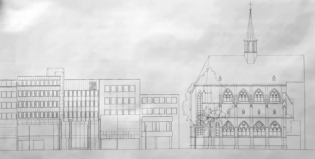 Julkisivupiirroksessa moderneja kerrostaloja ja vanha kirkko.