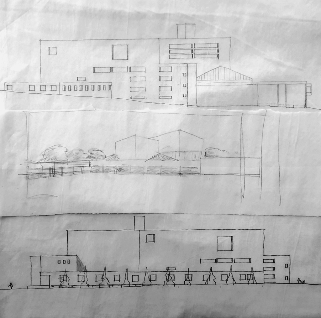 Julkisivujen luonnostelupiirroksia.