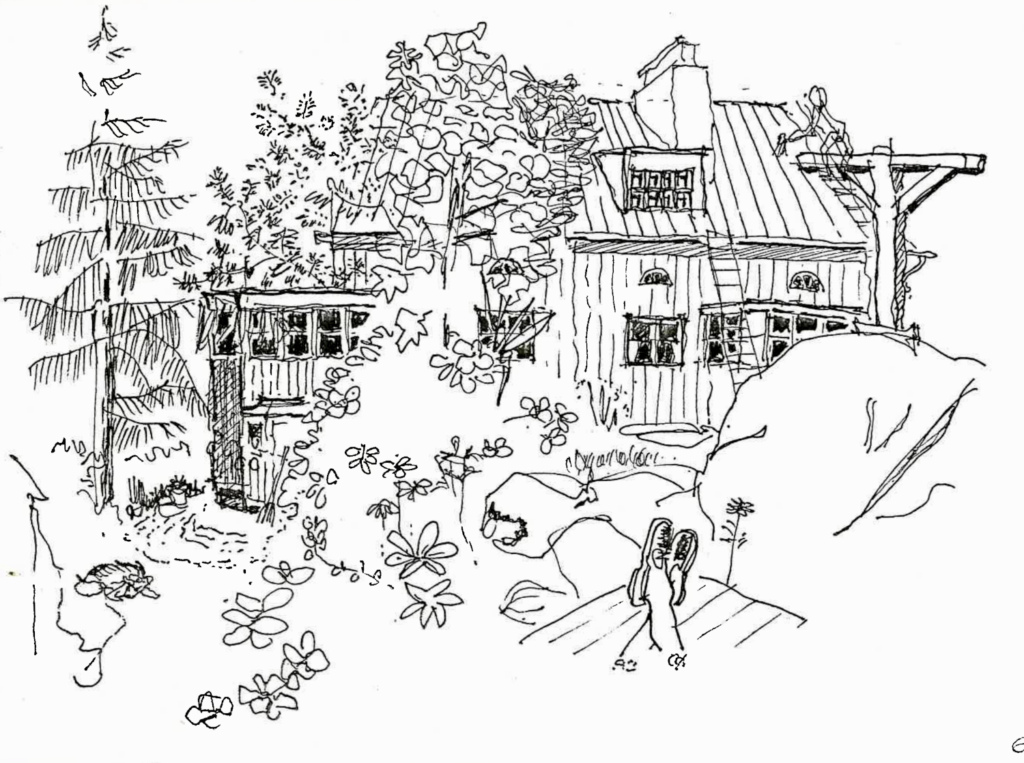 Piirustus pientalosta vehreän pihan puolelta.