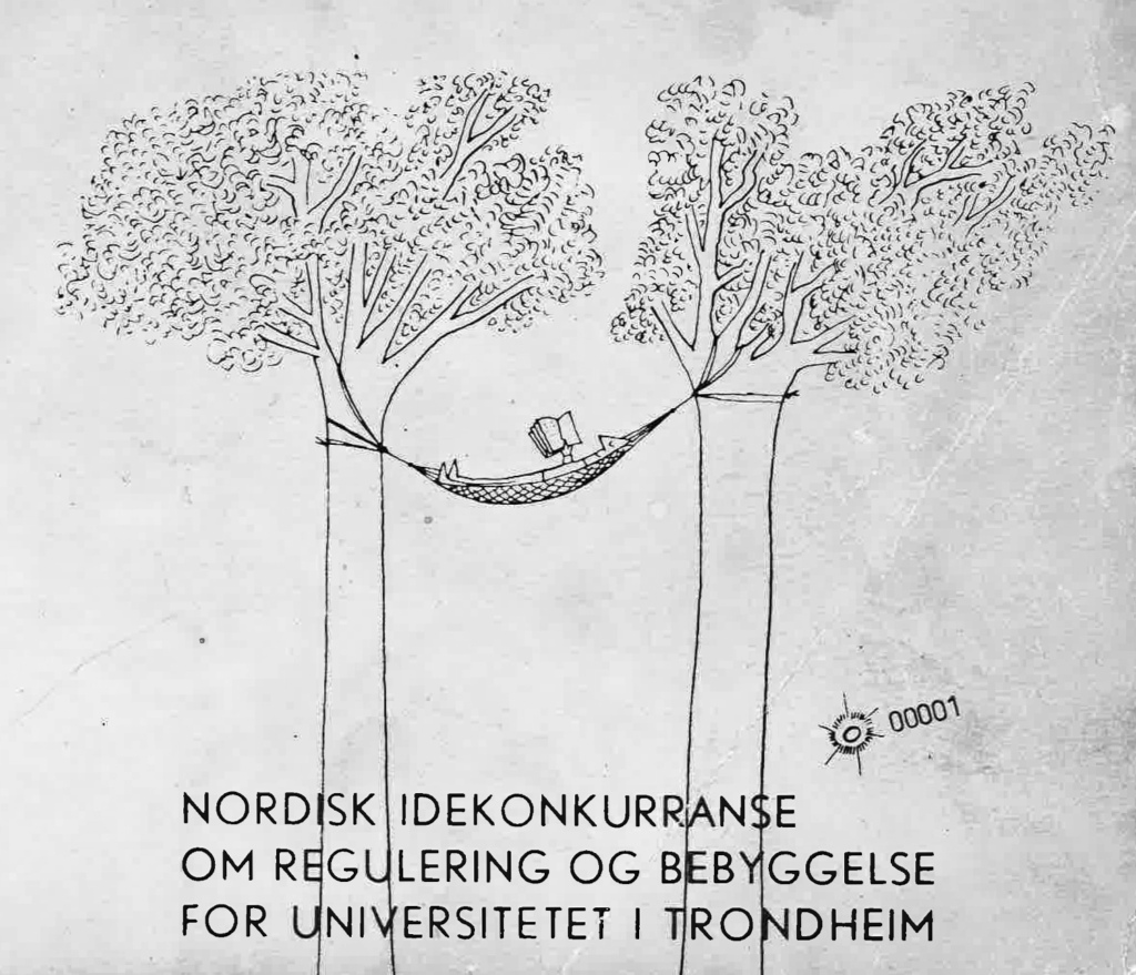 Kilpailuohjelman kannen piirroksessa kaksi puuta ja riippumatto.