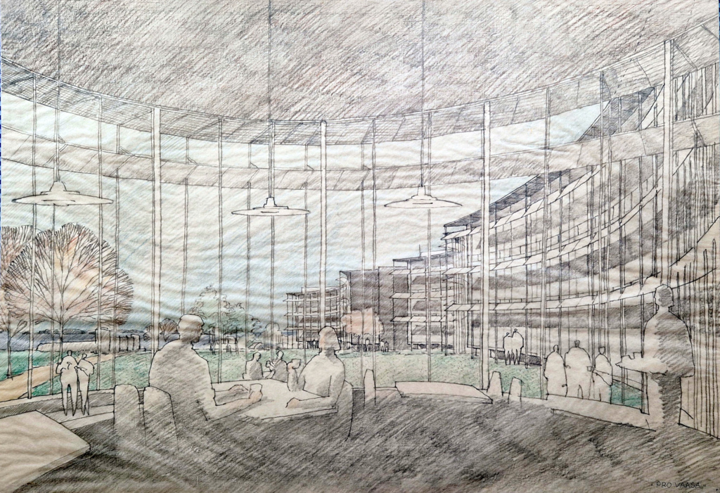 Piirroksessa ruokala ja näkymä sen ikkunoista.